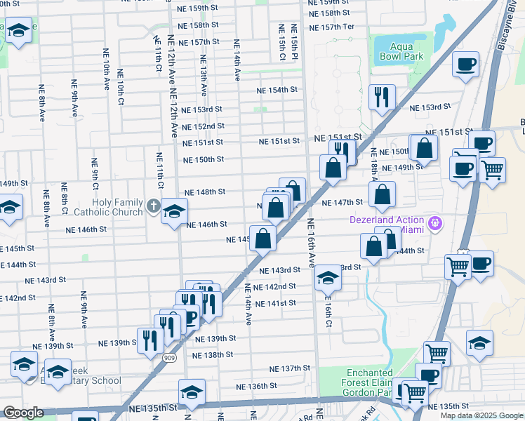 map of restaurants, bars, coffee shops, grocery stores, and more near 1431 Northeast 147th Street in Miami