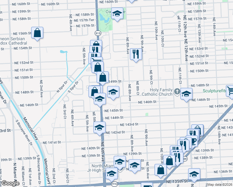 map of restaurants, bars, coffee shops, grocery stores, and more near 14770 Northeast 7th Avenue in Miami