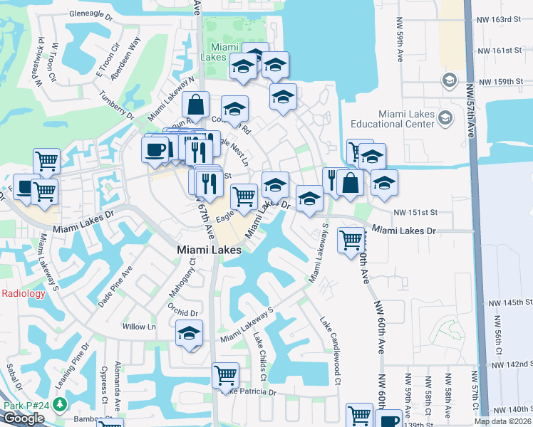 map of restaurants, bars, coffee shops, grocery stores, and more near 6440 Miami Lakes Drive in Miami Lakes