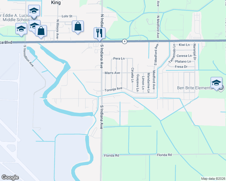 map of restaurants, bars, coffee shops, grocery stores, and more near 784 Toronja Avenue in Brownsville