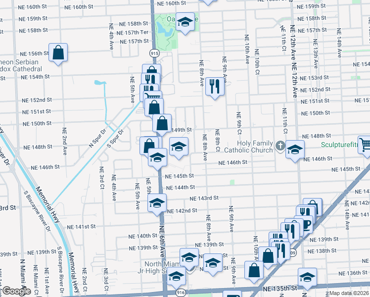 map of restaurants, bars, coffee shops, grocery stores, and more near 14770 Northeast 7th Avenue in Miami