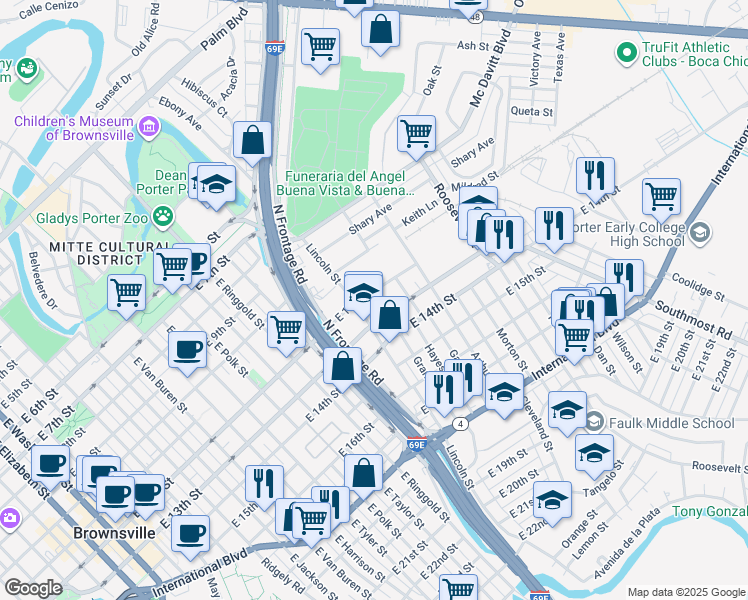 map of restaurants, bars, coffee shops, grocery stores, and more near 2055 East 12th Street in Brownsville