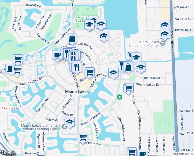 map of restaurants, bars, coffee shops, grocery stores, and more near 6440 Miami Lakes Drive in Miami Lakes