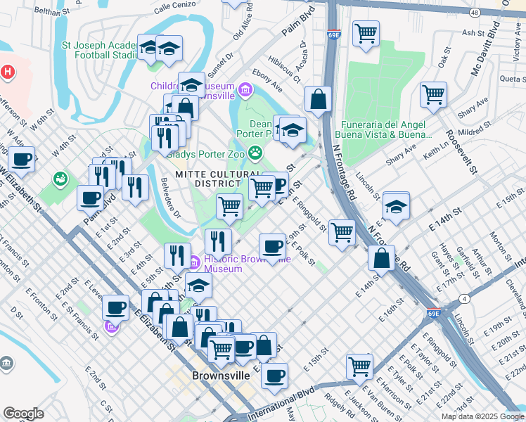 map of restaurants, bars, coffee shops, grocery stores, and more near 1501 East 7th Street in Brownsville