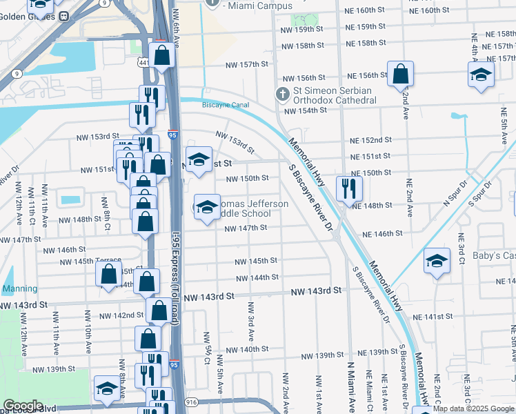 map of restaurants, bars, coffee shops, grocery stores, and more near 271 Northwest 148th Street in Miami