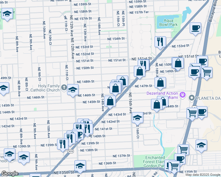map of restaurants, bars, coffee shops, grocery stores, and more near 1431 Northeast 147th Street in Miami