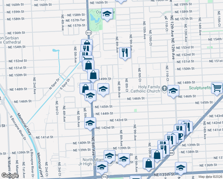 map of restaurants, bars, coffee shops, grocery stores, and more near 14725 Northeast 7th Court in Miami