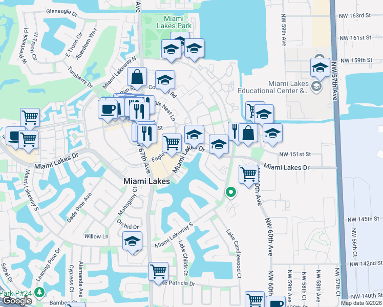 map of restaurants, bars, coffee shops, grocery stores, and more near 6440 Miami Lakes Drive in Miami Lakes