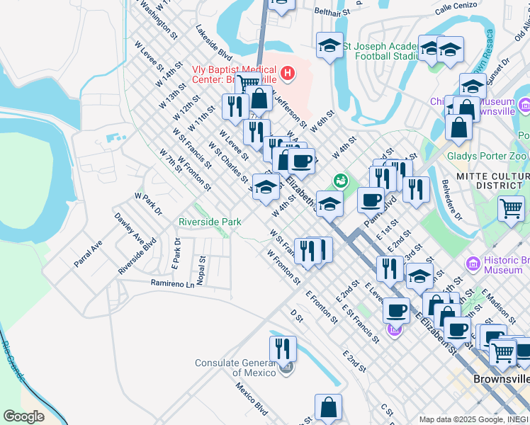 map of restaurants, bars, coffee shops, grocery stores, and more near 411 West Saint Charles Street in Brownsville