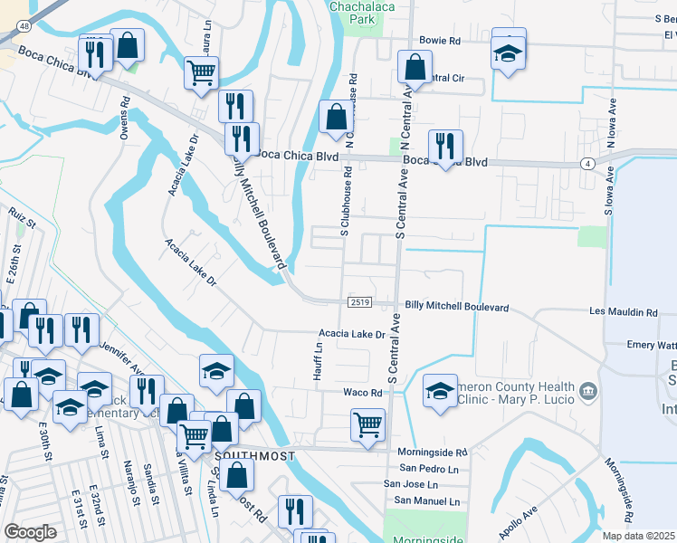 map of restaurants, bars, coffee shops, grocery stores, and more near 15 Druscilla Circle in Brownsville