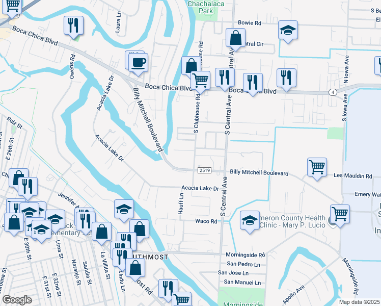 map of restaurants, bars, coffee shops, grocery stores, and more near 15 Druscilla Cir in Brownsville