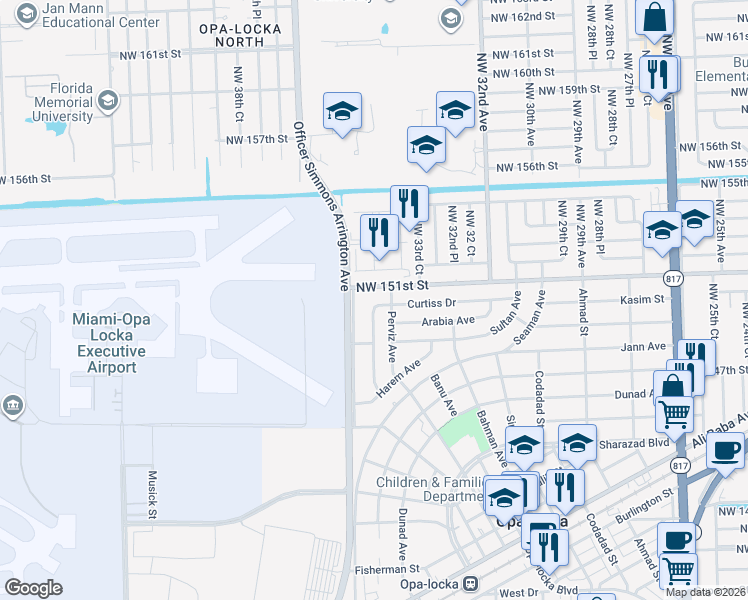 map of restaurants, bars, coffee shops, grocery stores, and more near 620 Oriental Boulevard in Opa-locka