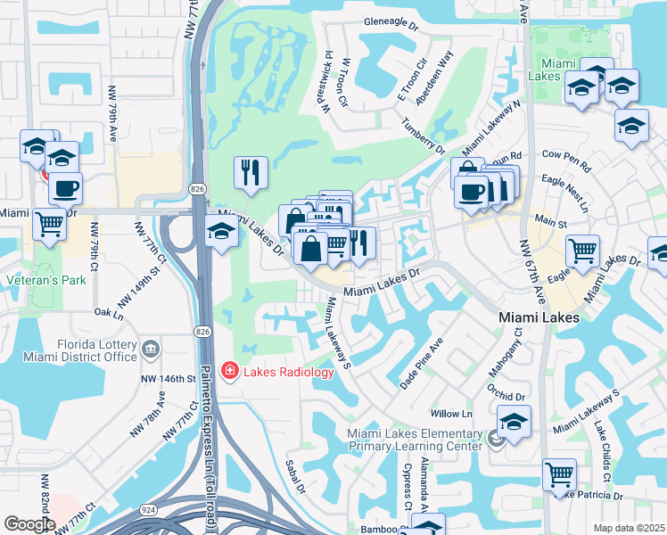 map of restaurants, bars, coffee shops, grocery stores, and more near 7315 Miami Lakes Drive in Hialeah