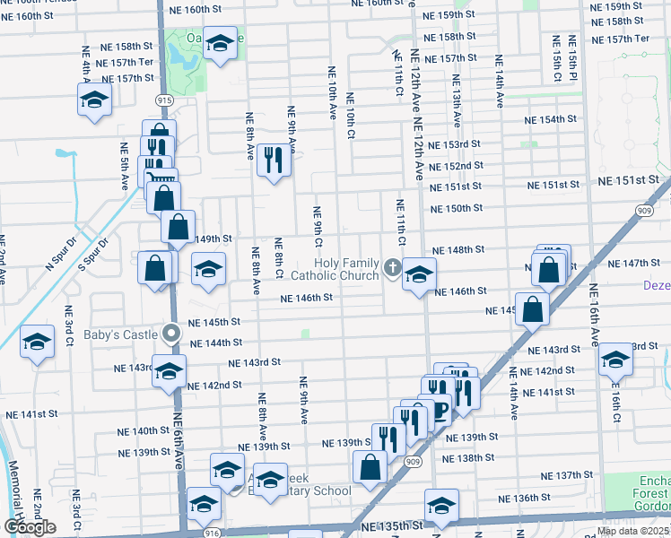 map of restaurants, bars, coffee shops, grocery stores, and more near 14720 Northeast 10th Avenue in North Miami