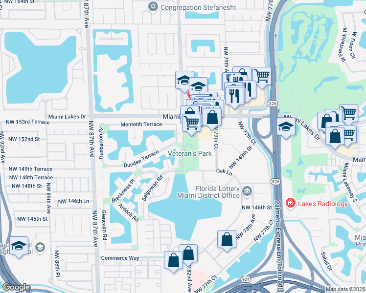 map of restaurants, bars, coffee shops, grocery stores, and more near Oak Lane in Miami Lakes