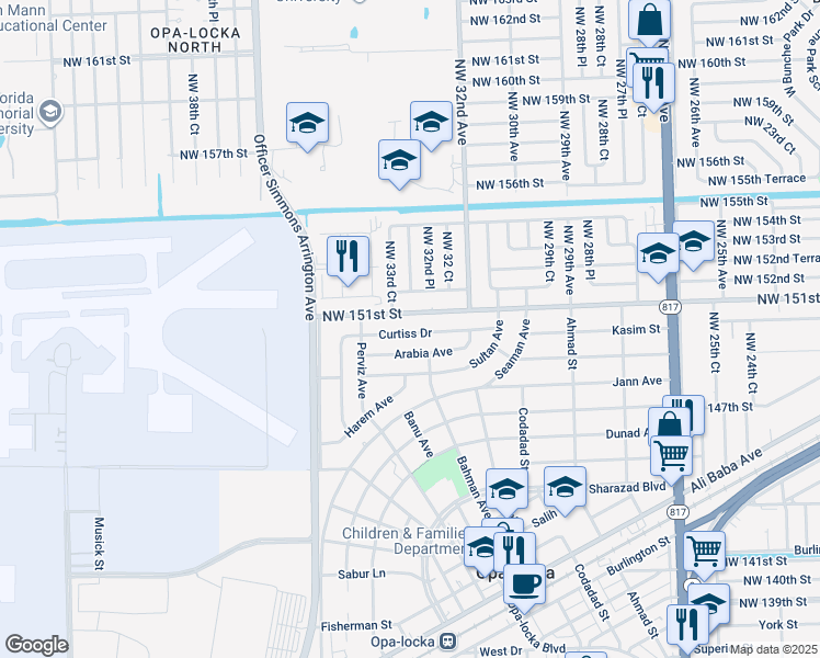 map of restaurants, bars, coffee shops, grocery stores, and more near 821 Curtiss Drive in Opa-locka