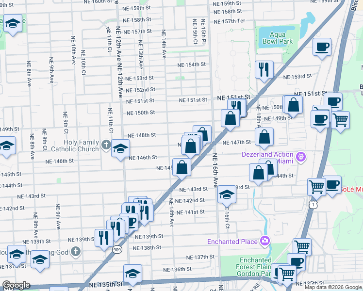 map of restaurants, bars, coffee shops, grocery stores, and more near 1431 Northeast 147th Street in Miami