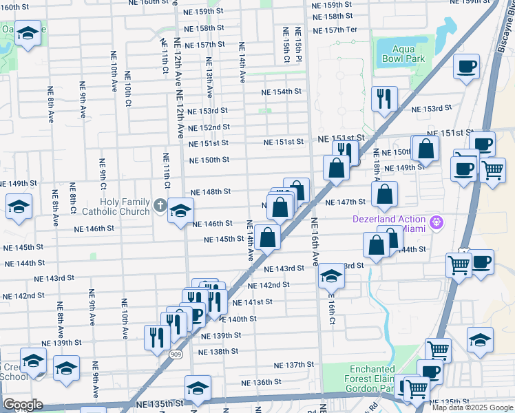 map of restaurants, bars, coffee shops, grocery stores, and more near 1431 Northeast 147th Street in Miami