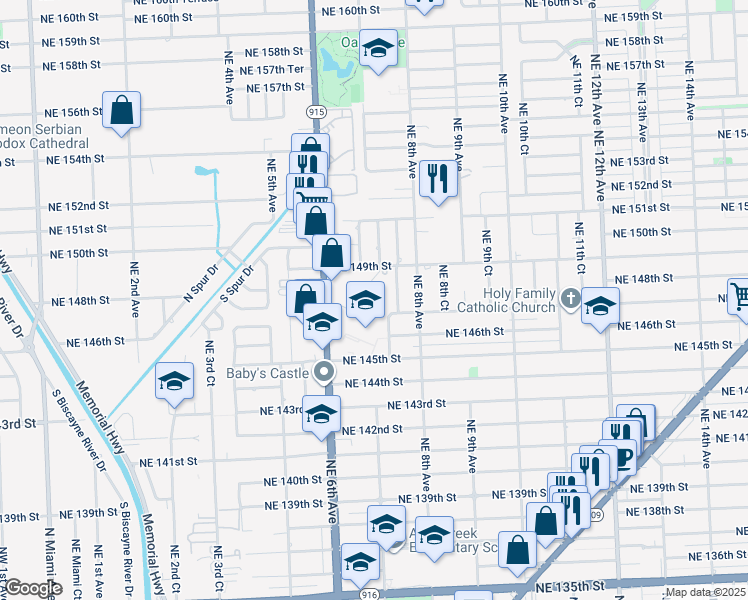 map of restaurants, bars, coffee shops, grocery stores, and more near 14770 Northeast 7th Avenue in Miami