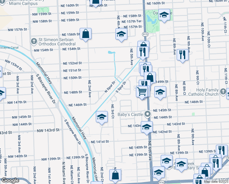 map of restaurants, bars, coffee shops, grocery stores, and more near 14761 South Spur Drive in Miami