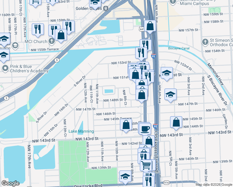 map of restaurants, bars, coffee shops, grocery stores, and more near 14900 Northwest 9th Court in Miami