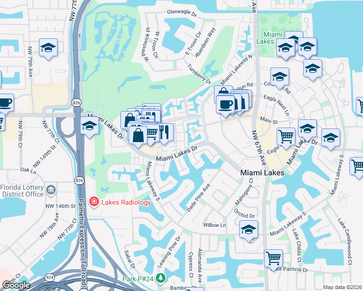 map of restaurants, bars, coffee shops, grocery stores, and more near 15189 Loch Isle Drive West in Hialeah