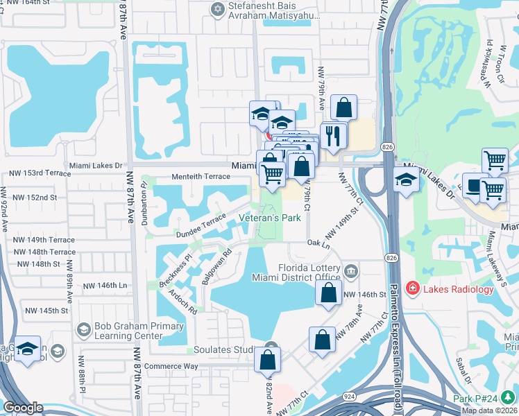 map of restaurants, bars, coffee shops, grocery stores, and more near Oak Lane in Miami Lakes