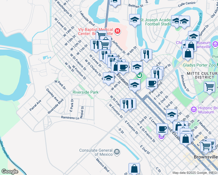 map of restaurants, bars, coffee shops, grocery stores, and more near 411 West Saint Charles Street in Brownsville