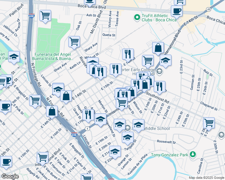 map of restaurants, bars, coffee shops, grocery stores, and more near 1549 Taft Street in Brownsville