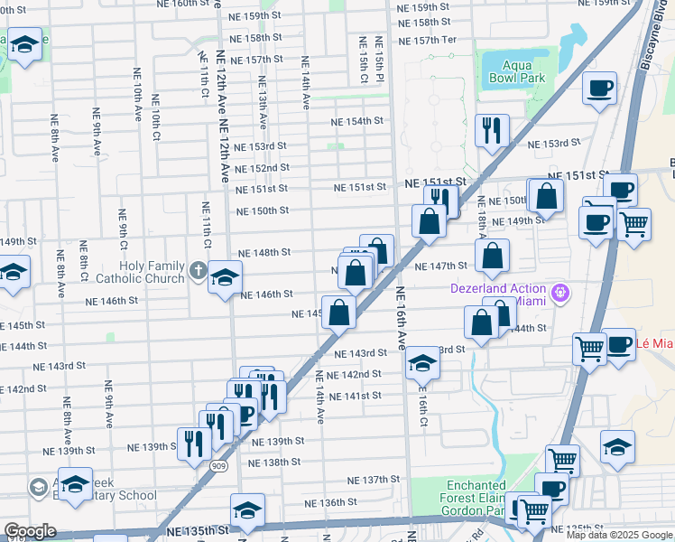 map of restaurants, bars, coffee shops, grocery stores, and more near 1431 Northeast 147th Street in Miami