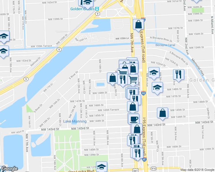 map of restaurants, bars, coffee shops, grocery stores, and more near 14900 Northwest 9th Court in Miami