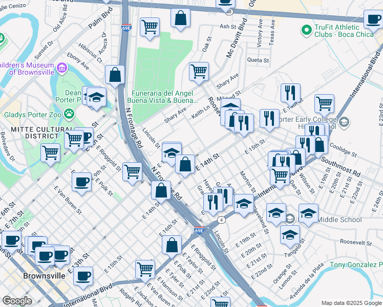 map of restaurants, bars, coffee shops, grocery stores, and more near 2155 East 13th Street in Brownsville