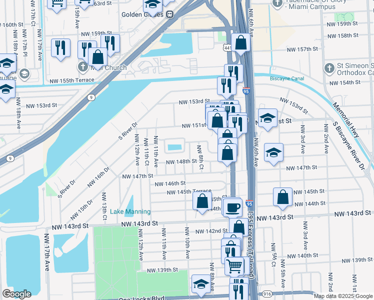 map of restaurants, bars, coffee shops, grocery stores, and more near 14900 Northwest 9th Court in Miami