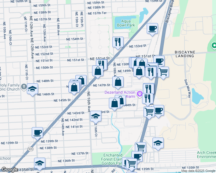map of restaurants, bars, coffee shops, grocery stores, and more near 1730 Northeast 147th Street in Miami