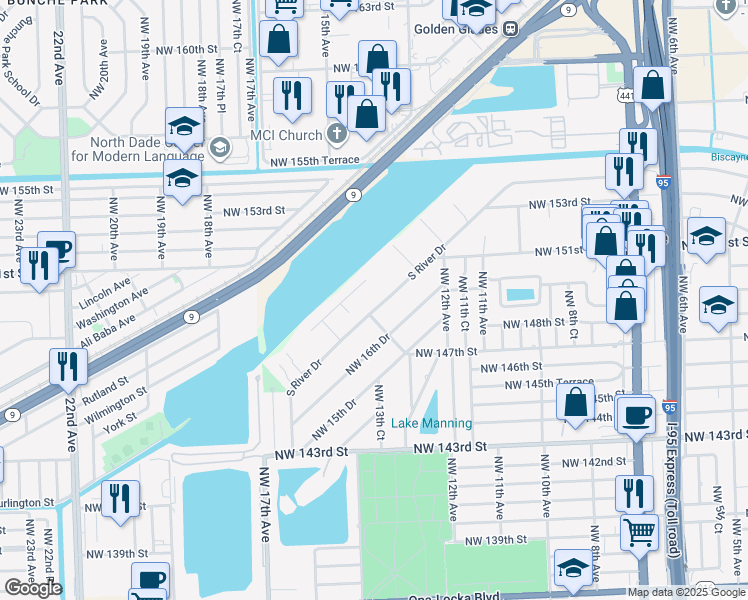 map of restaurants, bars, coffee shops, grocery stores, and more near 14850 Northwest 17th Drive in Miami
