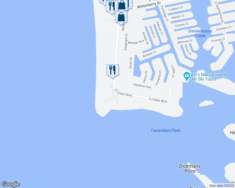 map of restaurants, bars, coffee shops, grocery stores, and more near Cape Marco Drive in Marco Island