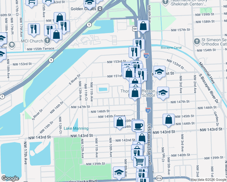 map of restaurants, bars, coffee shops, grocery stores, and more near 14900 Northwest 9th Court in Miami