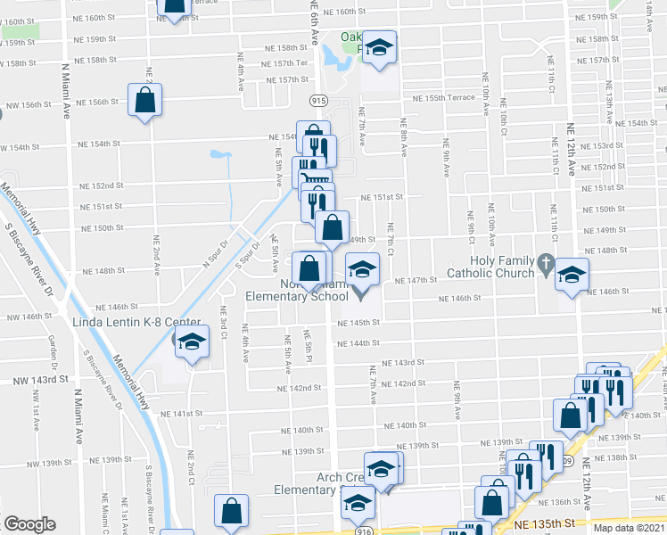 map of restaurants, bars, coffee shops, grocery stores, and more near 14763 Northeast 6th Avenue in Miami