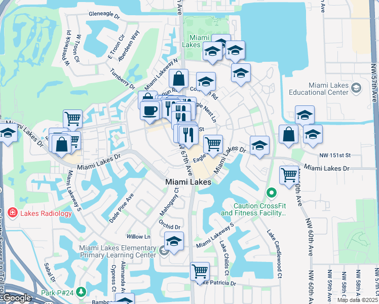 map of restaurants, bars, coffee shops, grocery stores, and more near 15121 Northwest 67th Avenue in Miami Lakes