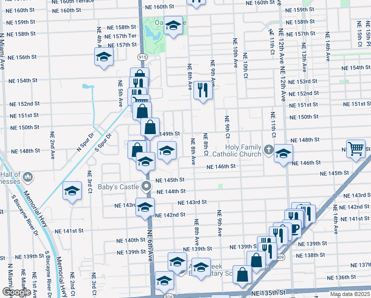 map of restaurants, bars, coffee shops, grocery stores, and more near 14725 Northeast 7th Court in Miami