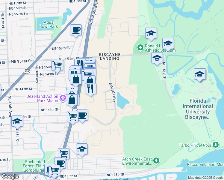 map of restaurants, bars, coffee shops, grocery stores, and more near 2321 Laguna Circle in North Miami