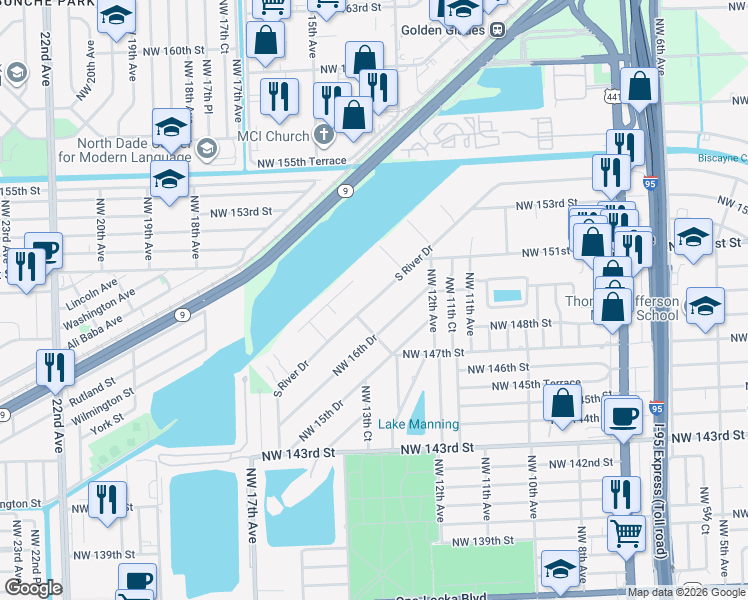 map of restaurants, bars, coffee shops, grocery stores, and more near 14850 Northwest 17th Drive in Miami