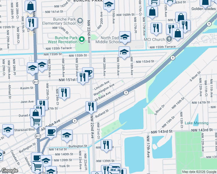 map of restaurants, bars, coffee shops, grocery stores, and more near 2013 Washington Avenue in Opa-locka