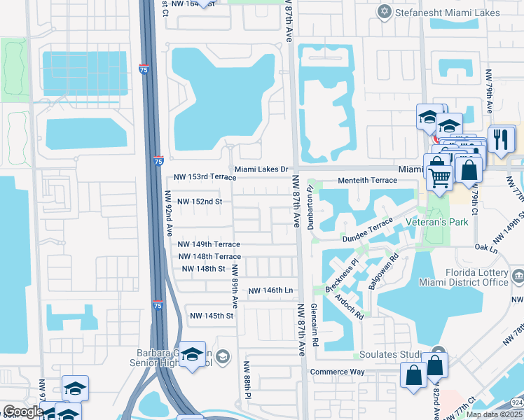 map of restaurants, bars, coffee shops, grocery stores, and more near 15135 Northwest 88th Court in Miami Lakes