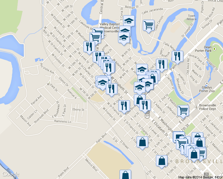 map of restaurants, bars, coffee shops, grocery stores, and more near 345 West Levee Street in Brownsville