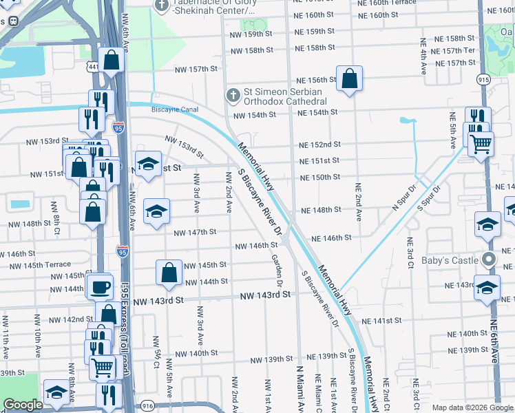 map of restaurants, bars, coffee shops, grocery stores, and more near 14830 S Biscayne River Dr in Miami