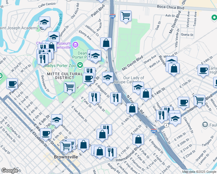 map of restaurants, bars, coffee shops, grocery stores, and more near 901 East Filmore Street in Brownsville
