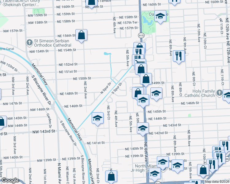 map of restaurants, bars, coffee shops, grocery stores, and more near 14761 South Spur Drive in Miami