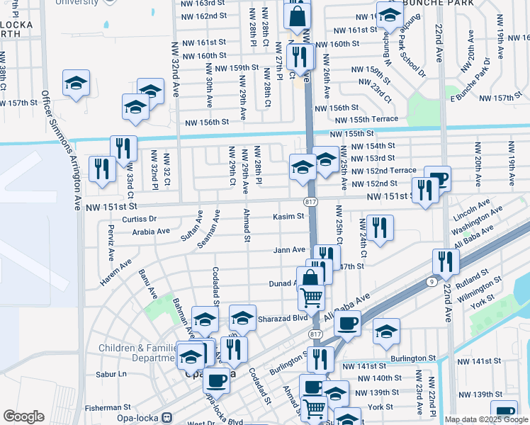 map of restaurants, bars, coffee shops, grocery stores, and more near 1231 Kasim Street in Opa-locka