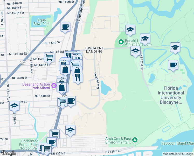 map of restaurants, bars, coffee shops, grocery stores, and more near 2321 Laguna Circle in North Miami
